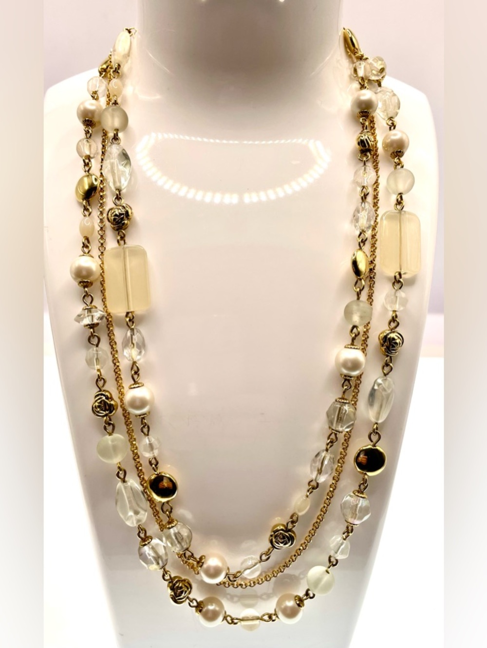 Vintage Y2K Lia Sophia MultiStrand GoldTone Necklace Faux Pearl Crystal Bead
